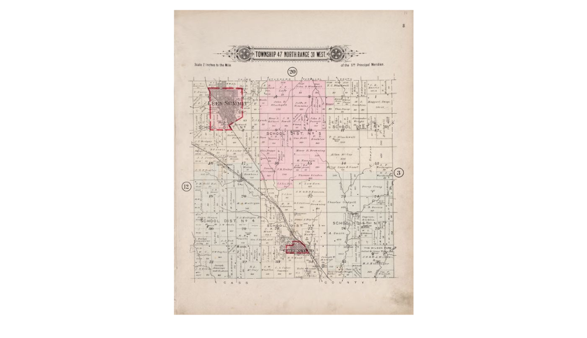 Jackson County plat map from 1904 showing Greenwood and Lee’s Summit.