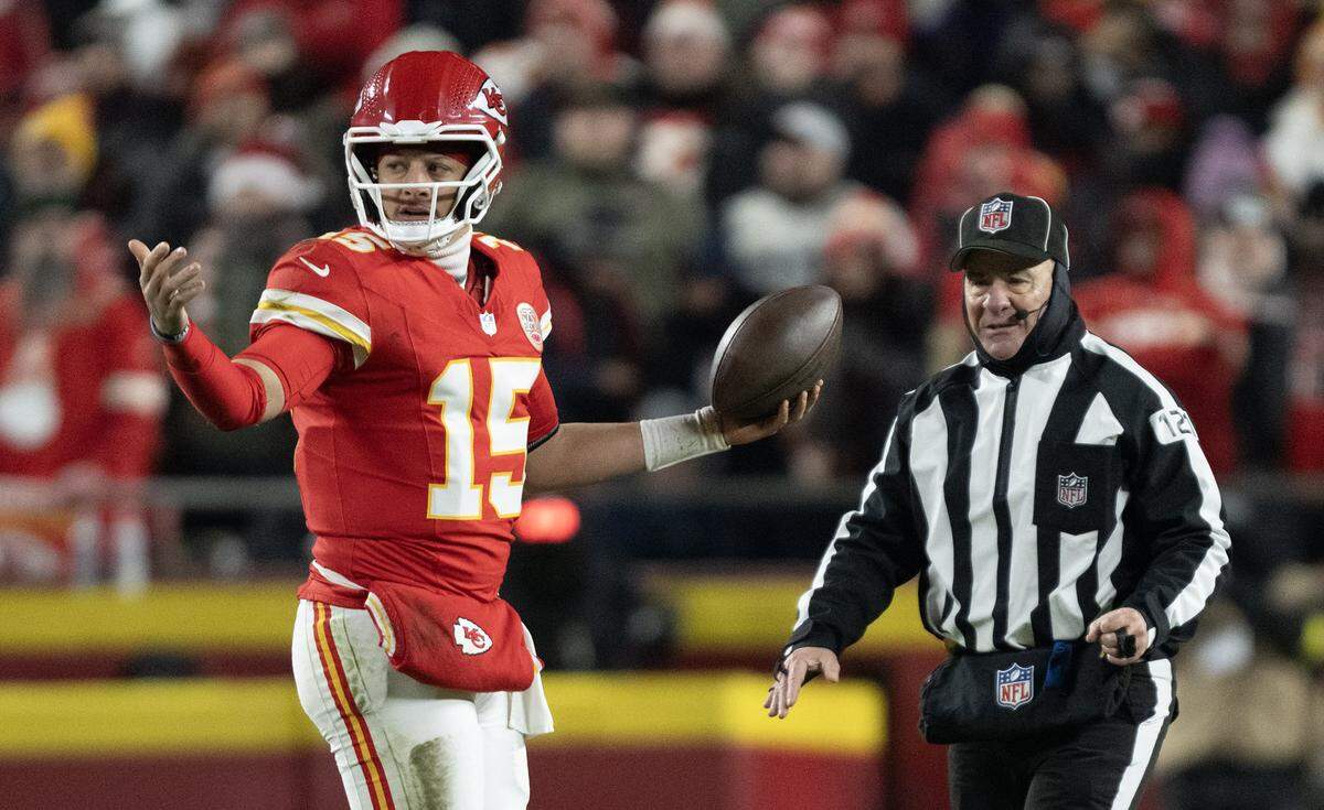 Kansas City Chiefs quarterback Patrick Mahomes (15) was gestures after being sacked during the first half by the Houston Texans at GEHA Field at Arrowhead Stadium on Sunday, Dec. 7, 2025, in Kansas City. 