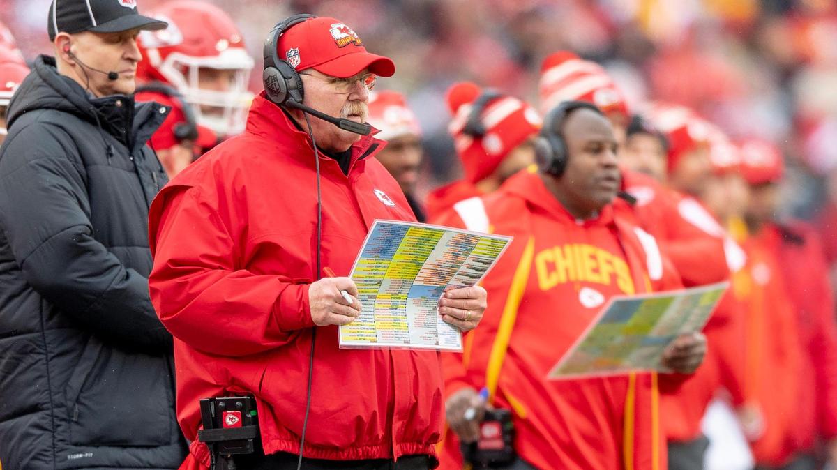 Kansas City Chiefs head coach Andy Reid watches his team play during an NFL Divisional Round playoff game against the Jacksonville Jaguars at GEHA Field at Arrowhead Stadium on Saturday, Jan. 21, 2023.