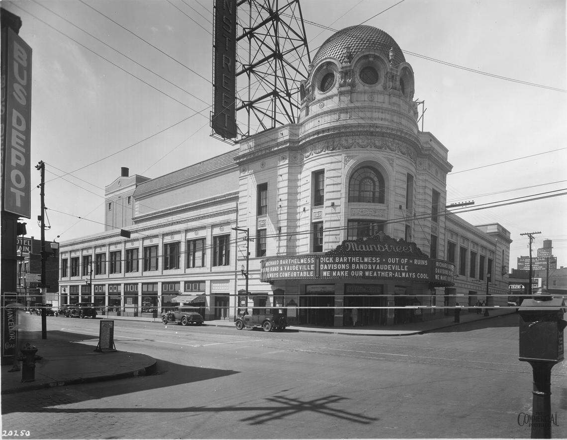 A marquee advertises vaudeville acts and cool air inside the Mainstreet Theater in this photo taken around 1928. Provided by Missouri Valley Special Collections, Kansas City Public Library in Kansas City, Missouri.