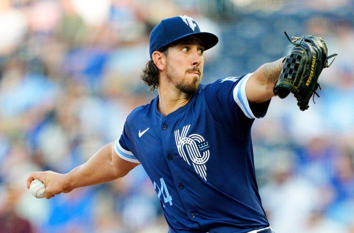 Royals starting pitcher Michael Lorenzen delivers during the first inning of a Friday, May 9, 2025 Major League Baseball game against the Boston Red Sox at Kauffman Stadium in Kansas City.