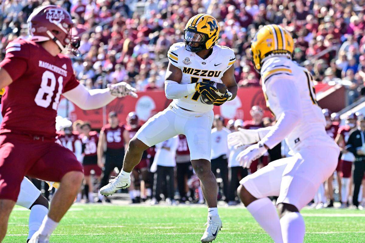 Missouri Tigers linebacker Corey Flagg Jr. intercepts a pass during Saturday’s game against the Massachusetts Minutemen at Warren McGuirk Alumni Stadium in Amherst, Mass.