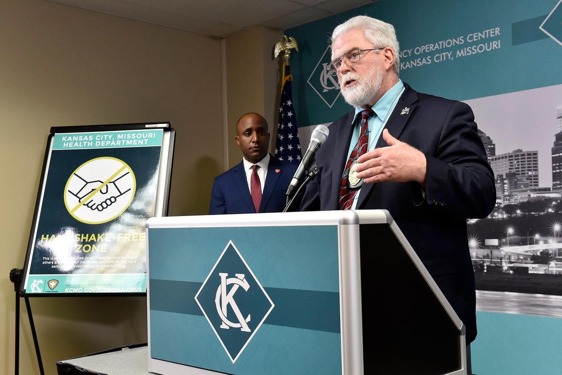 Kansas City Health Department Director Rex Archer, right, said there has not yet been a case of the virus passed from person to person within the metropolitan area. Kansas City, Missouri, doesn’t have any confirmed coronavirus cases, but Archer said it’s likely there are individuals in the area who have the illness and don’t know. Kansas City Mayor Quinton Lucas, left, issued a 21-day emergency declaration, cancelling all events with more than 1,000 attendees and barring city employees from non-essential travel.