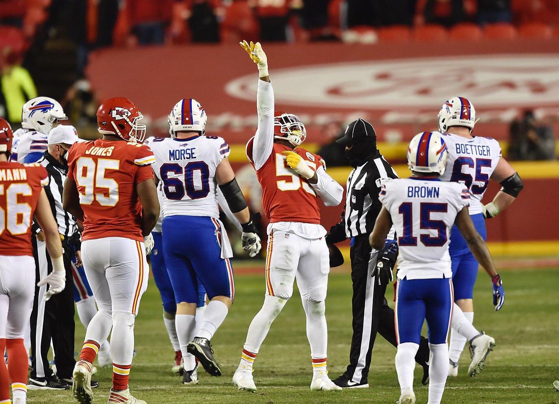 Kansas City Chiefs defensive end Frank Clark celebrates after sacking Buffalo Bills quarterback Josh Allen in the second half Sunday, January 24, 2021, during the AFC Championship Game at Arrowhead Stadium in Kansas City, Missouri.