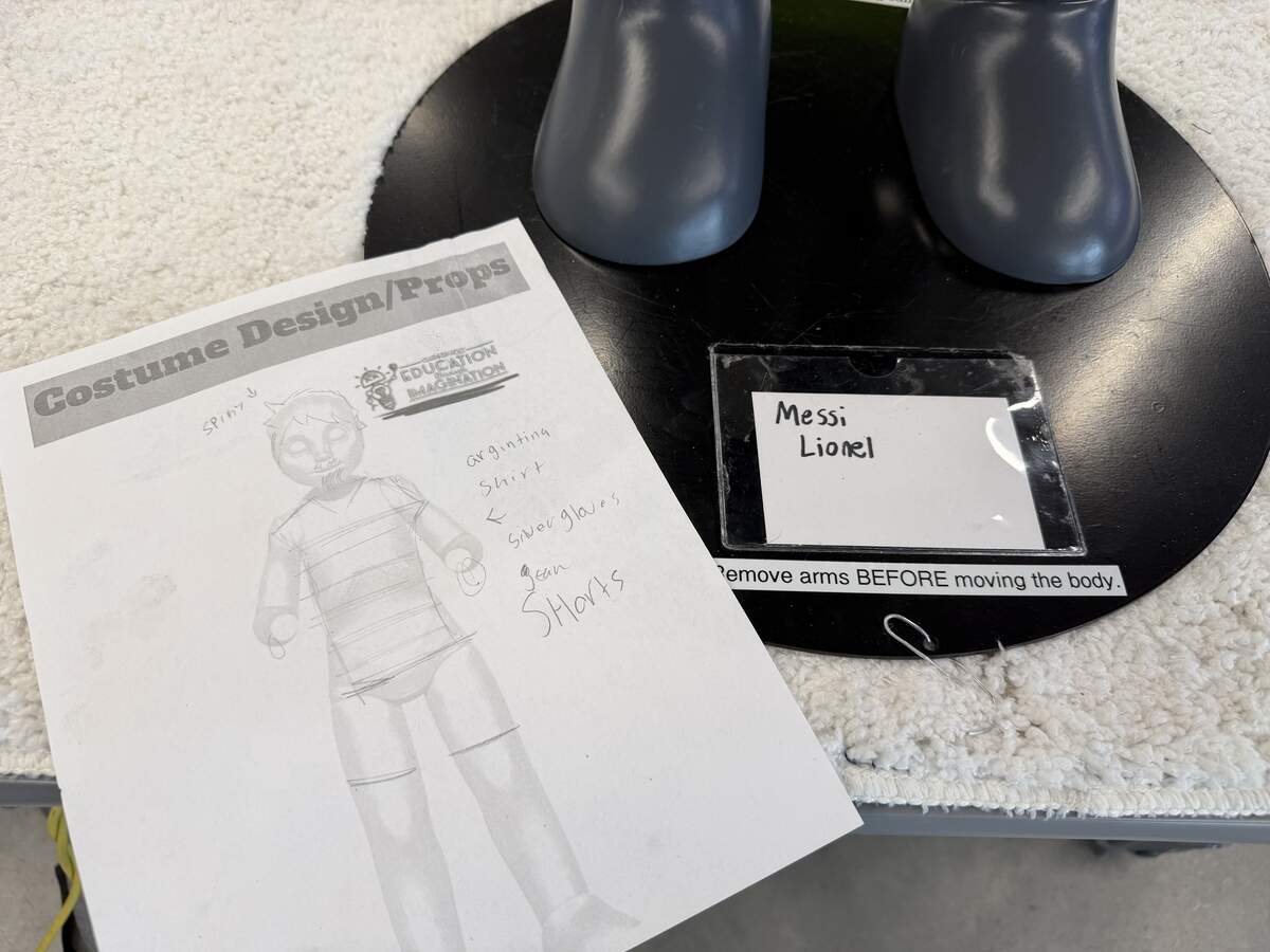 North Kansas City School District eighth-grade students created an animatronic versions famous soccer players Wednesday as part of the district’s Future Ready Lab to learn more about programming, costume design, script writing and voiceover work — all with a special emphasis on the World Cup. Pictured here, a sketch made during the design process.
