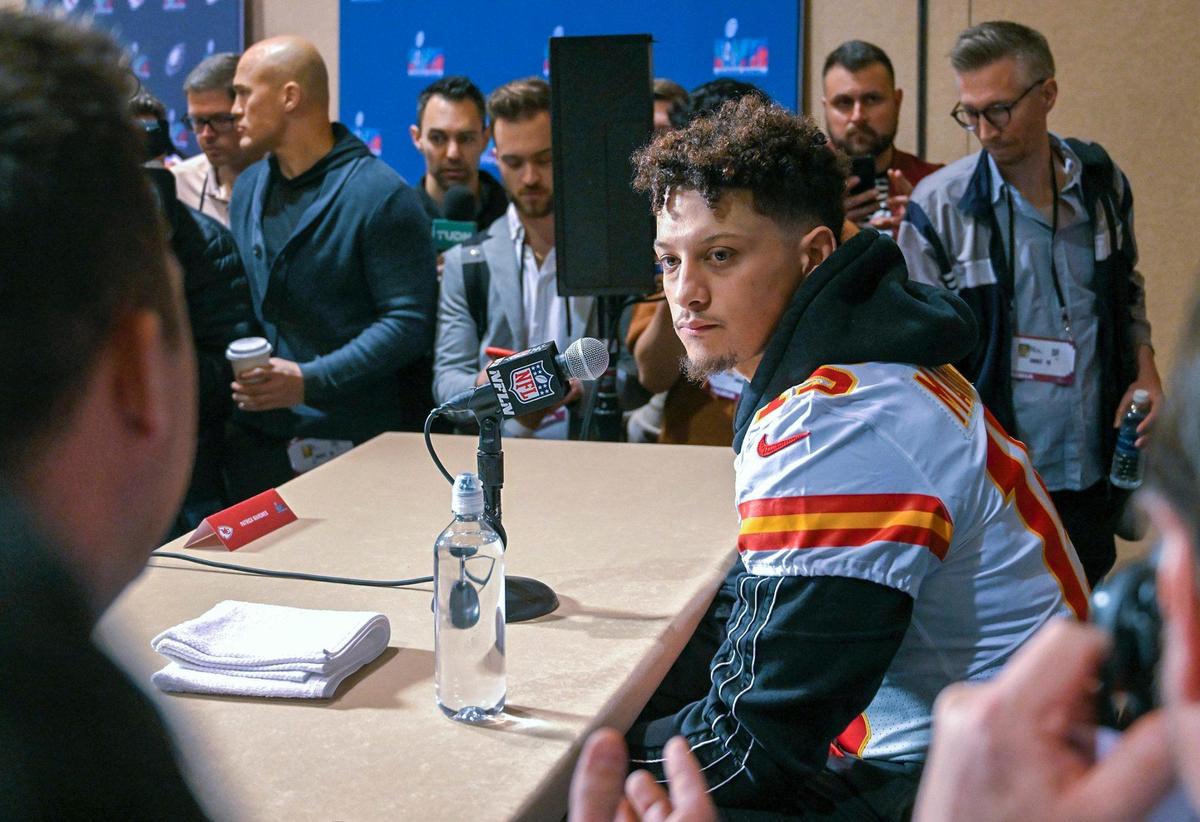 Kansas City Chiefs quarterback Patrick Mahomes (15) answers questions during the team’s media availability Thursday, Feb. 9, 2023, in Scottsdale, Arizona.