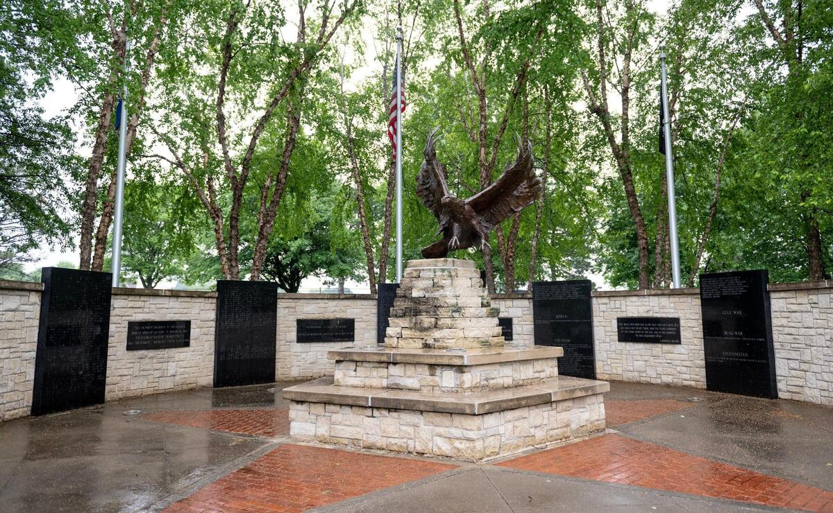 “Sovereign Wings” is the name given to the eagle sculpture at the Clay County Veterans Memorial located in Anita B. Gorman Park in Kansas City. The memorial is dedicated to Clay County veterans killed in action since the Civil War.