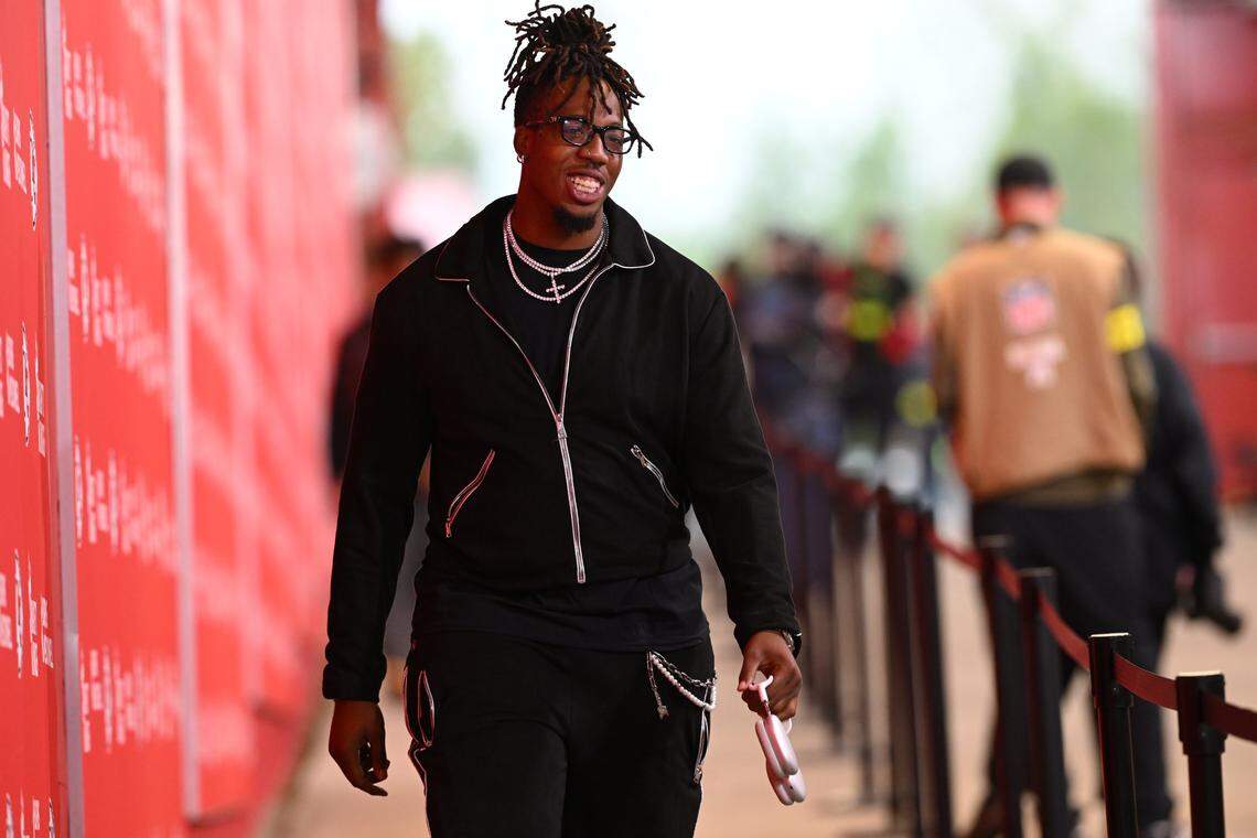 Kansas City Chiefs offensive tackle Wanya Morris arrives before the Chiefs' game with the Washington Commanders on Monday, Oct. 27, 2025, at GEHA Field at Arrowhead Stadium.
