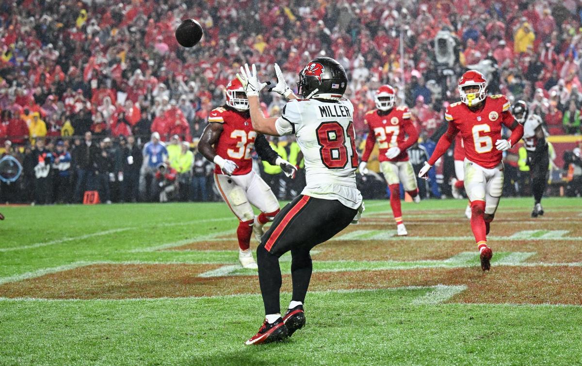 Tampa Bay Buccaneers wide receiver Ryan Miller (81) found a spot in the end zone clear of Kansas City Chiefs defenders to pull in a reception for a touchdown late in the fourth quarter on Monday, Nov. 4, 2024, at GEHA Field at Arrowhead Stadium.