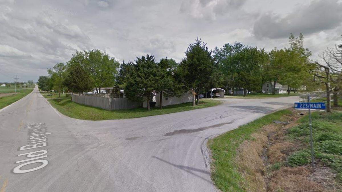 One person was killed in a crash Wednesday, April 20, 2022, after their vehicle crashed into a home, landing on its side in the area of 223rd Street and 3rd Street in Bucyrus, Kansas. A Google Maps street view image from May 2015 shows the general area.