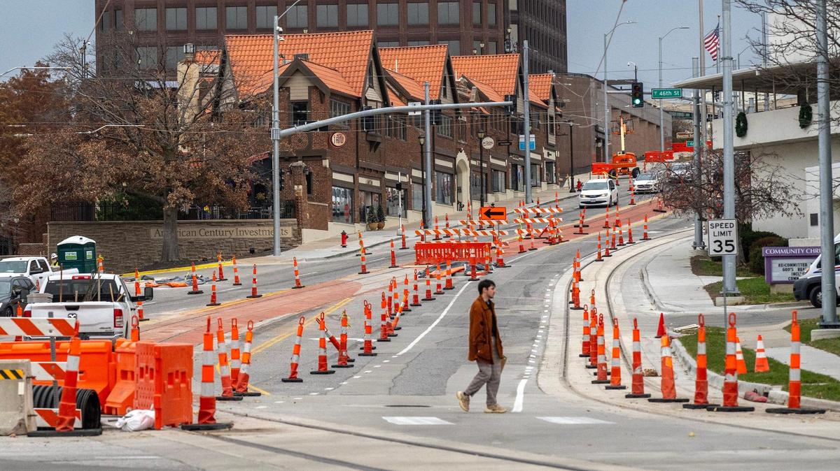 Construction cones line the Main Street streetcar extension route on Wednesday, Nov. 27, in Kansas City.