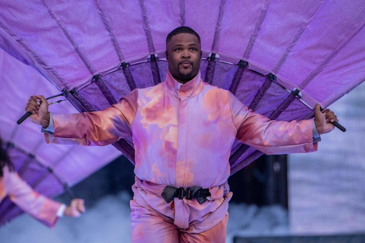 Dancer Kameron Saunders performs the intro to Taylor Swift’s Eras Tour at GEHA Field at Arrowhead Stadium on Friday, July 7, 2023, in Kansas City.