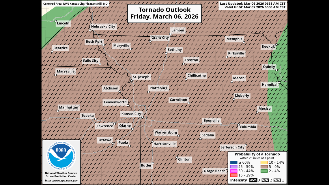 Tornadoes are possible as severe thunderstorms roll through the Kansas City area on Friday. This map from the National Weather Service’s Storm Prediction Center shows most of the KC region (shaded brown) has about a 5–9% chance of a tornado within 25 miles of you — and roughly a 90–95% chance one will not. The intensity shading indicates potential tornadoes up to EF2 strength.