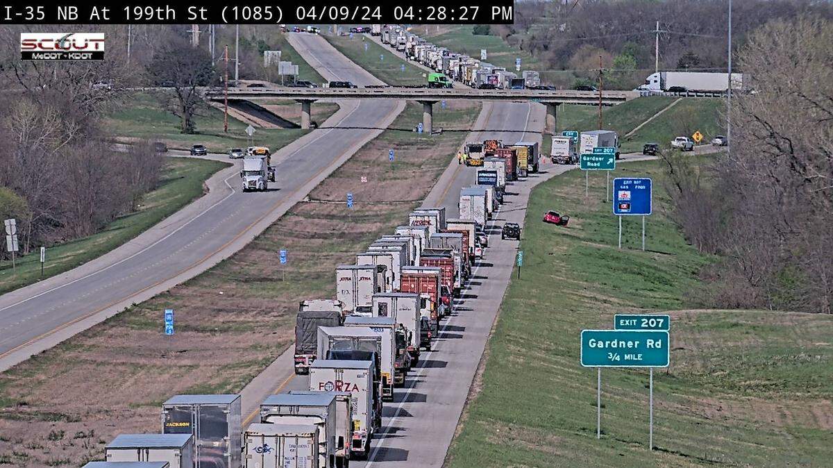 Traffic camera footage shows vehicles backed up on Interstate 35 near Gardner April 9, 2024 as police search for a suspect who fled from deputies during a traffic stop.