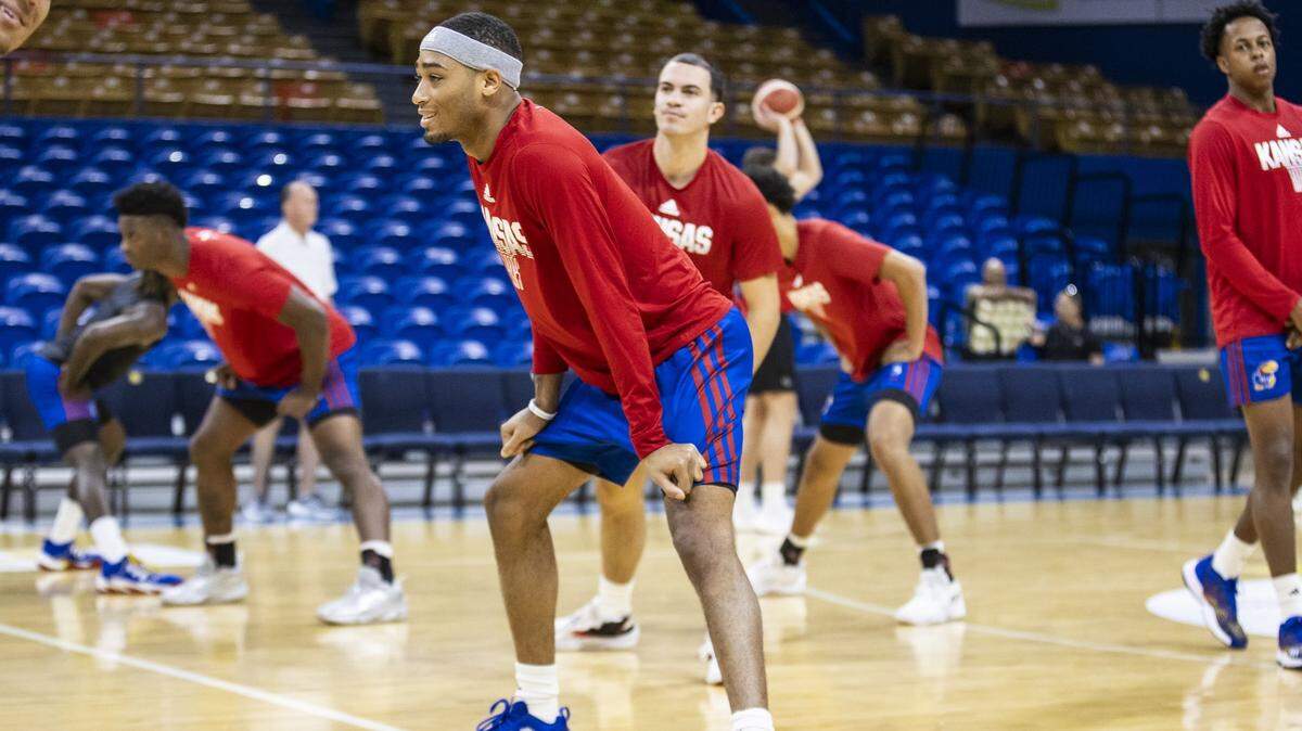 KU basketball’s Dajuan Harris warms up before a game against Team Bahamas during the Jayhawks’ 2023 early August trip to Puerto Rico. The Jayhawks went 2-1 on the trip.