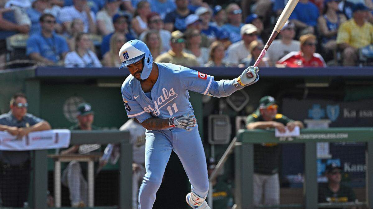 Kansas City Royals third baseman Maikel Garcia (11) throws his bat to the ground after flying out for the final out in the fifth inning against the Athletics at Kauffman Stadium on June 14, 2025.