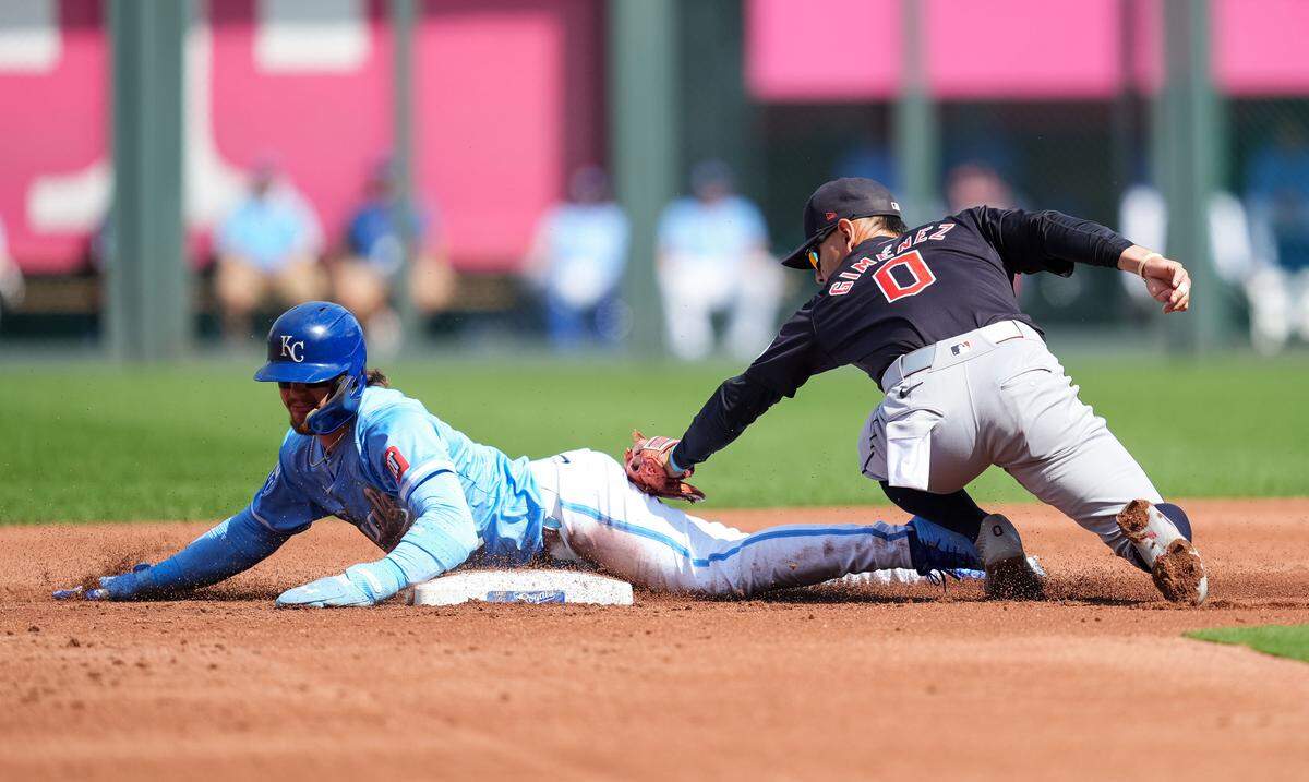 Kansas City Royals designated hitter Bobby Witt Jr. steals second base during Monday afternoon’s game against the Cleveland Guardians at Kauffman Stadium.