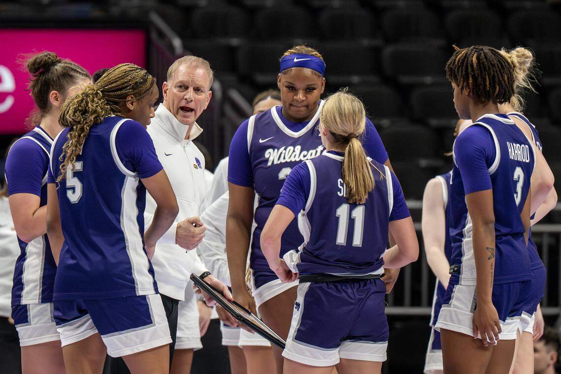 Kansas State Wildcats head coach Jeff Mittie talks with his players during a timeout in a game against the Texas Tech Red Raiders at the Big 12 Women's Basketball Tournament inside Kansas City’s T-Mobile Center on Thursday, March 5, 2026.