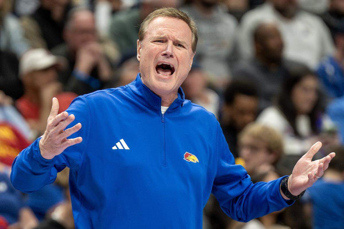 Kansas Jayhawks head coach Bill Self yells at the referee during the first half of a Big 12 Men's Basketball Tournament game against the Texas Christian University Horned Frogs at T-Mobile Center on Thursday, March 12, 2026, in Kansas City.