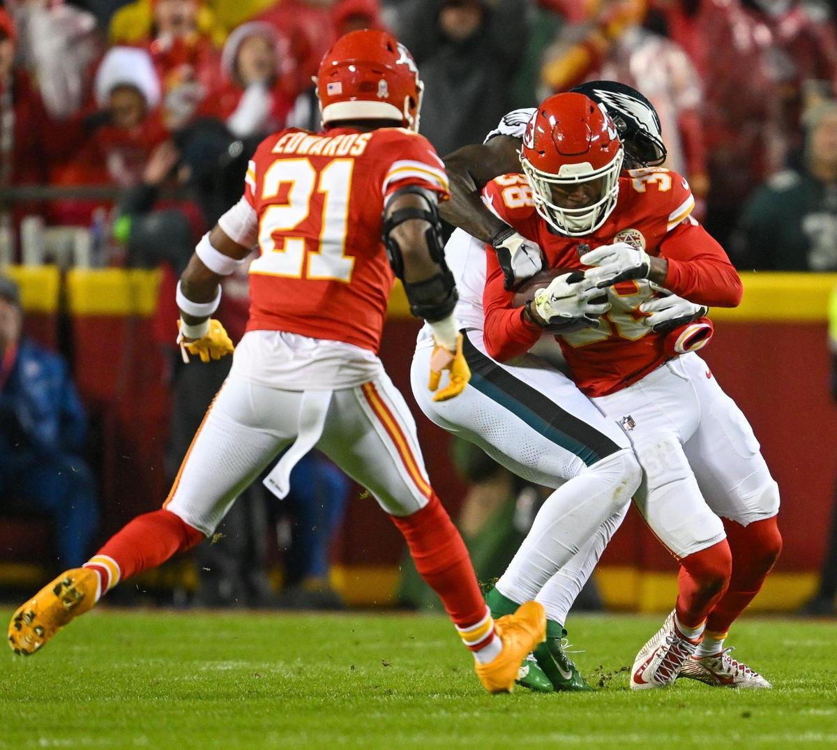 Kansas City Chiefs cornerback L’Jarius Sneed (38) picks off a pass from Philadelphia Eagles quarterback Jalen Hurts in the second quarter Monday, Nov. 20, 2023, at GEHA Field at Arrowhead Stadium.