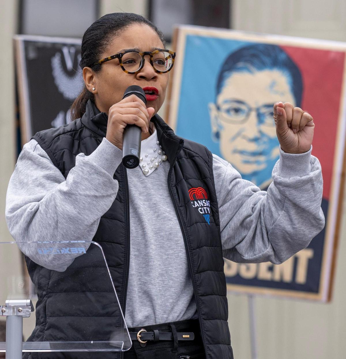 Councilmember Melissa Patterson Hazley speaks during a rally in support of federal workers on Saturday, March 15, 2025, in Kansas City.