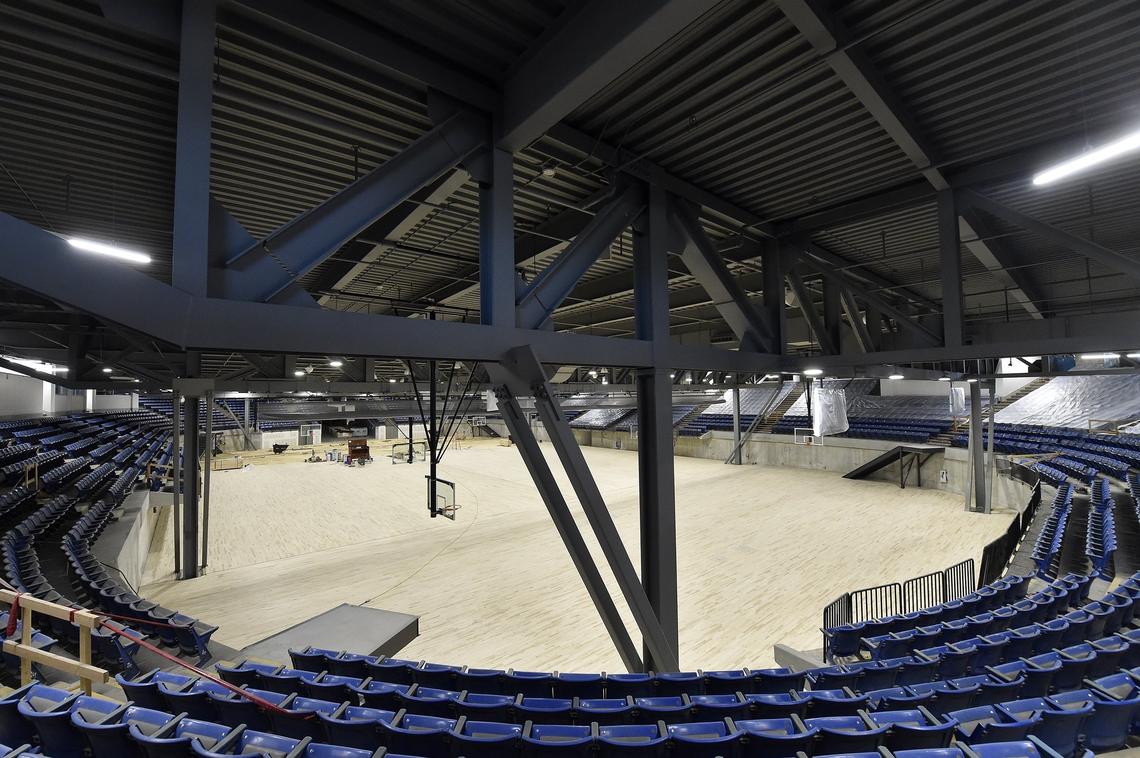 More work remains to be done on the lower level — what was Kemper Arena’s original floor. It will have four courts: two NBA-regulation courts and two college-regulation courts. The support beams holding up second level are can be seen.