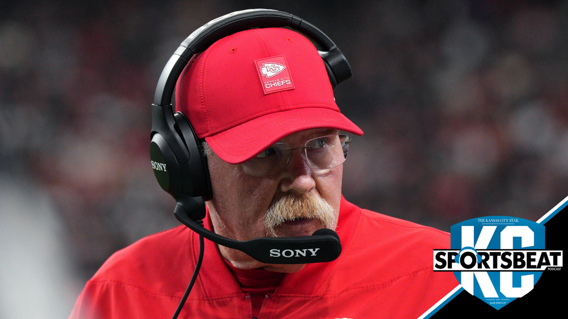 Kansas City Chiefs head coach Andy Reid considers his options for a play against the Raiders during an NFL Week 18 game at Allegiant Stadum in Las Vegas on Sunday, Jan. 4, 2026.
