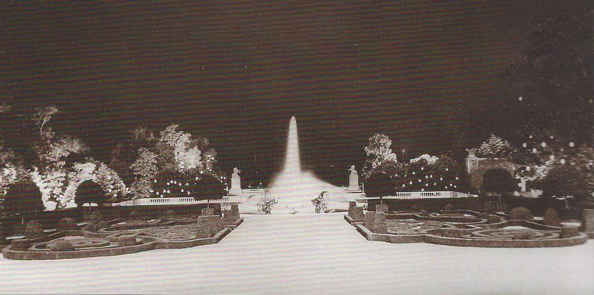 The fountain at Harbor Hill was illuminated in June 1927 for a party honoring Charles Lindbergh, who the month before had made his historic flight across the Atlantic Ocean.