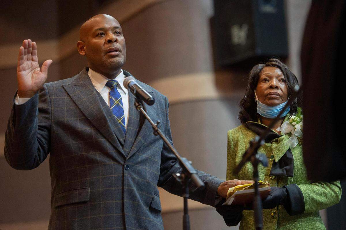 Tyrone Garner is sworn in as the first Black mayor of Kansas City, Kansas and Wyandotte County during an inauguration ceremony Monday, Dec. 13, 2021, at Memorial Hall in Kansas City, Kansas.