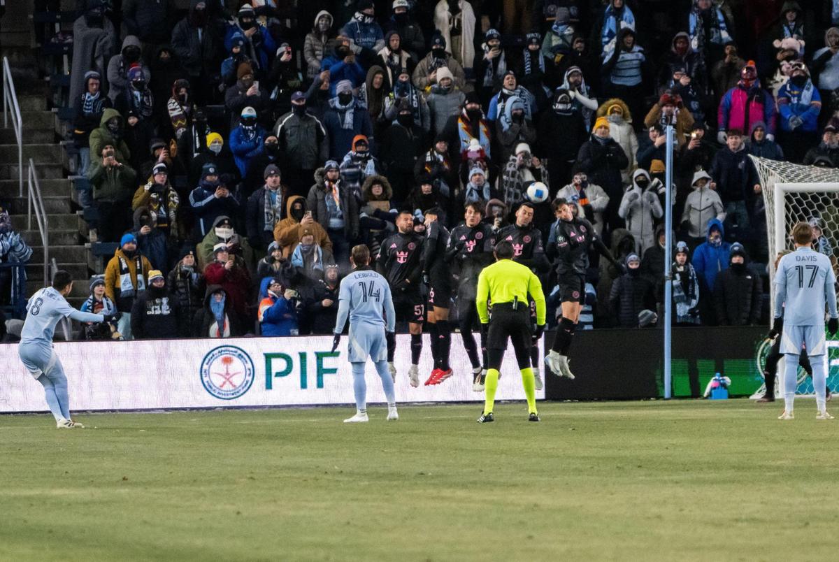 Sporting KC midfielder Memo Rodriguez takes a free kick during the first half of the Concacaf Champions Cup match of Sporting KC vs. Inter Miami CF on Wednesday, Feb. 19, 2025, at Sporting Park. The game was one of the coldest matches in MLS history.