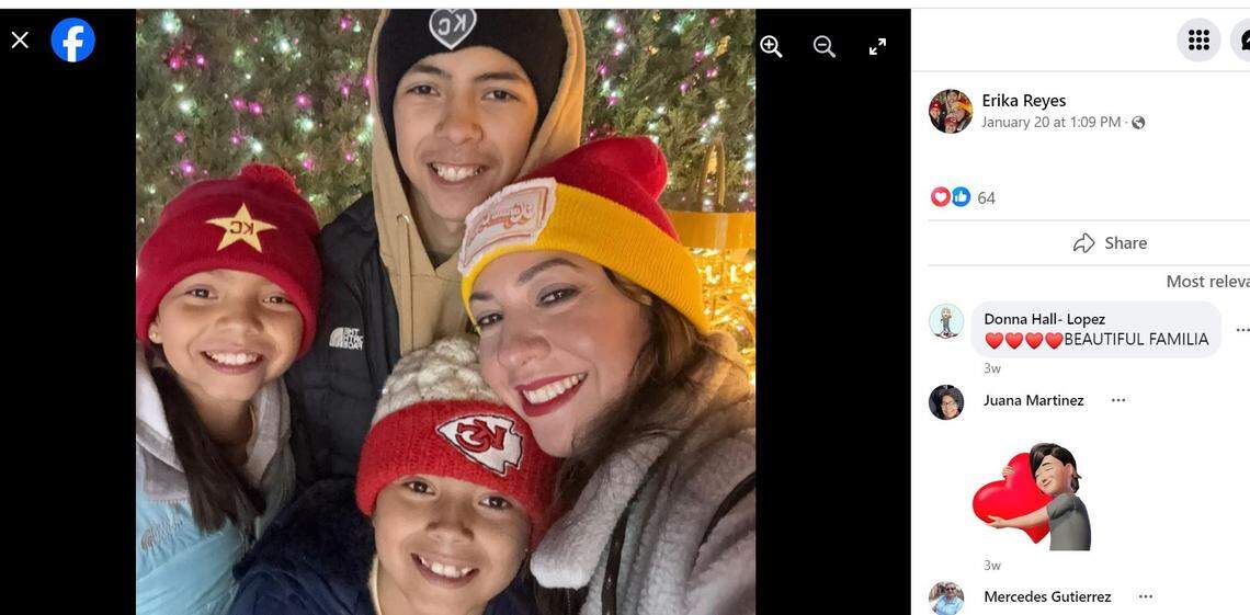 Erika Reyes with family, including daughters Madison and Melia Reyes, both struck by bullets during the Kansas City Chiefs Super Bowl celebration at Union Station.