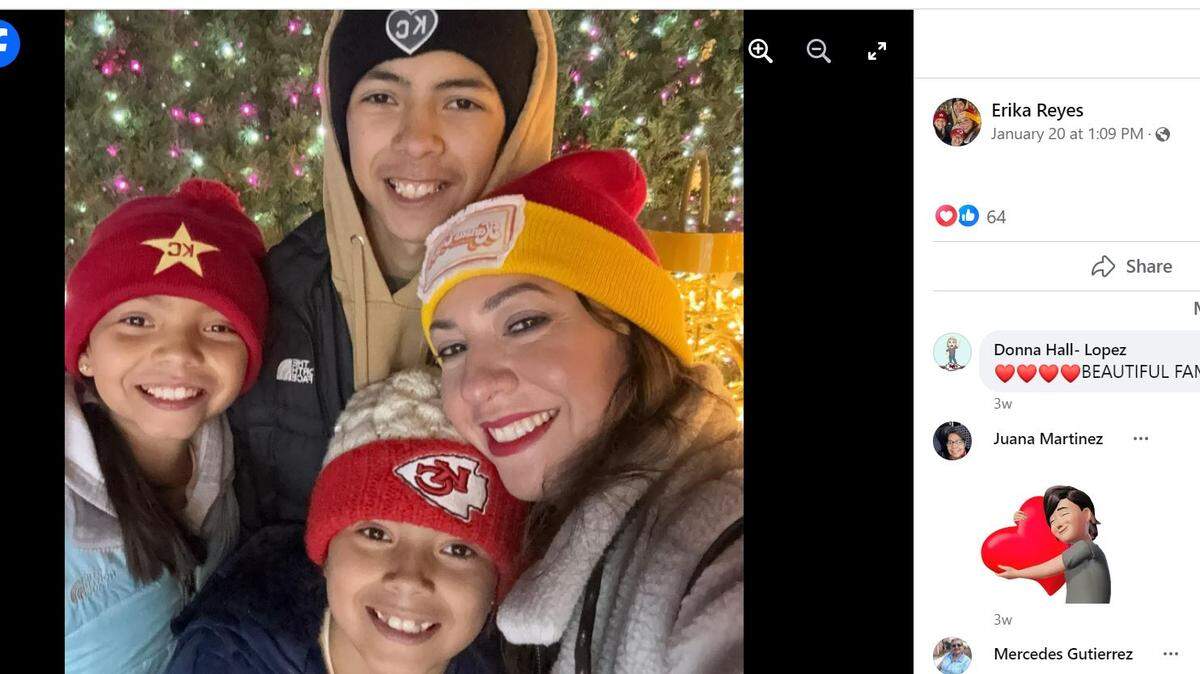 Erika Reyes with family, including daughters Madison and Melia Reyes, both struck by bullets during the Kansas City Chiefs Super Bowl celebration at Union Station.