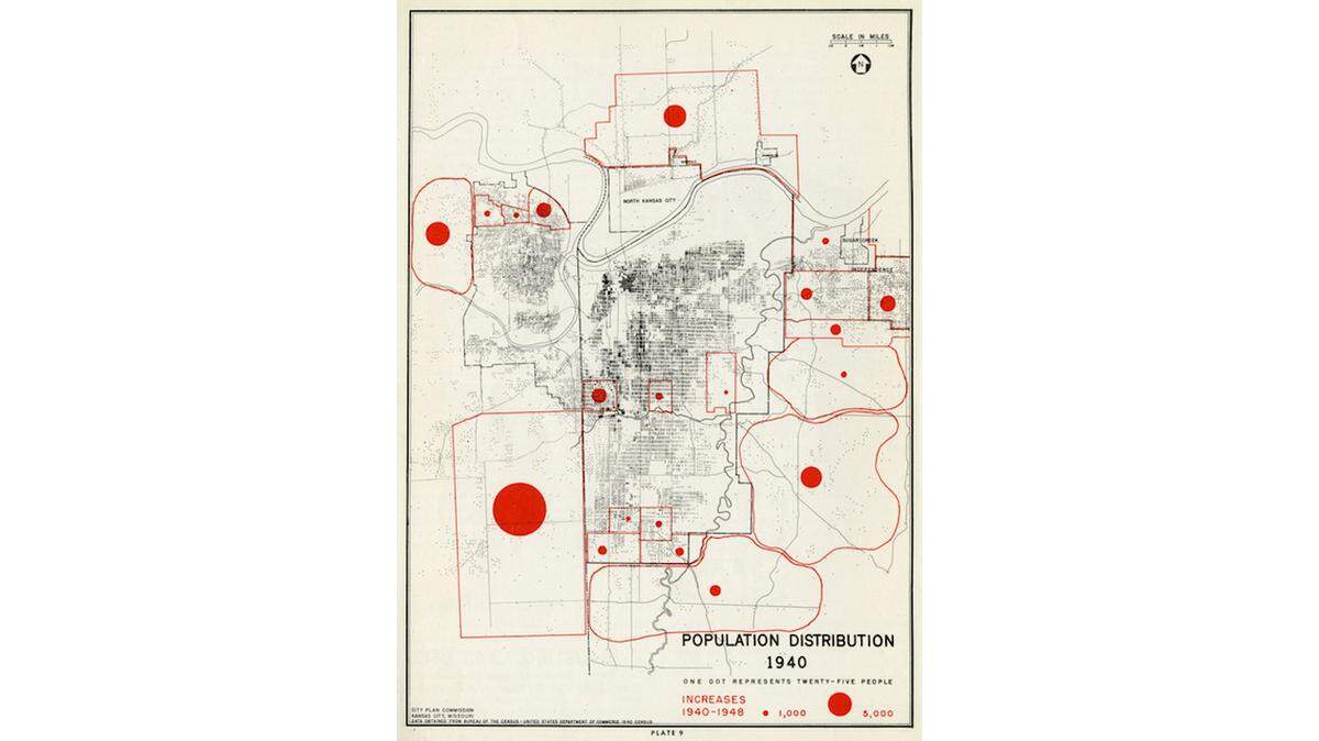 Map showing drastic population shifts away from the urban core, 1951. 
