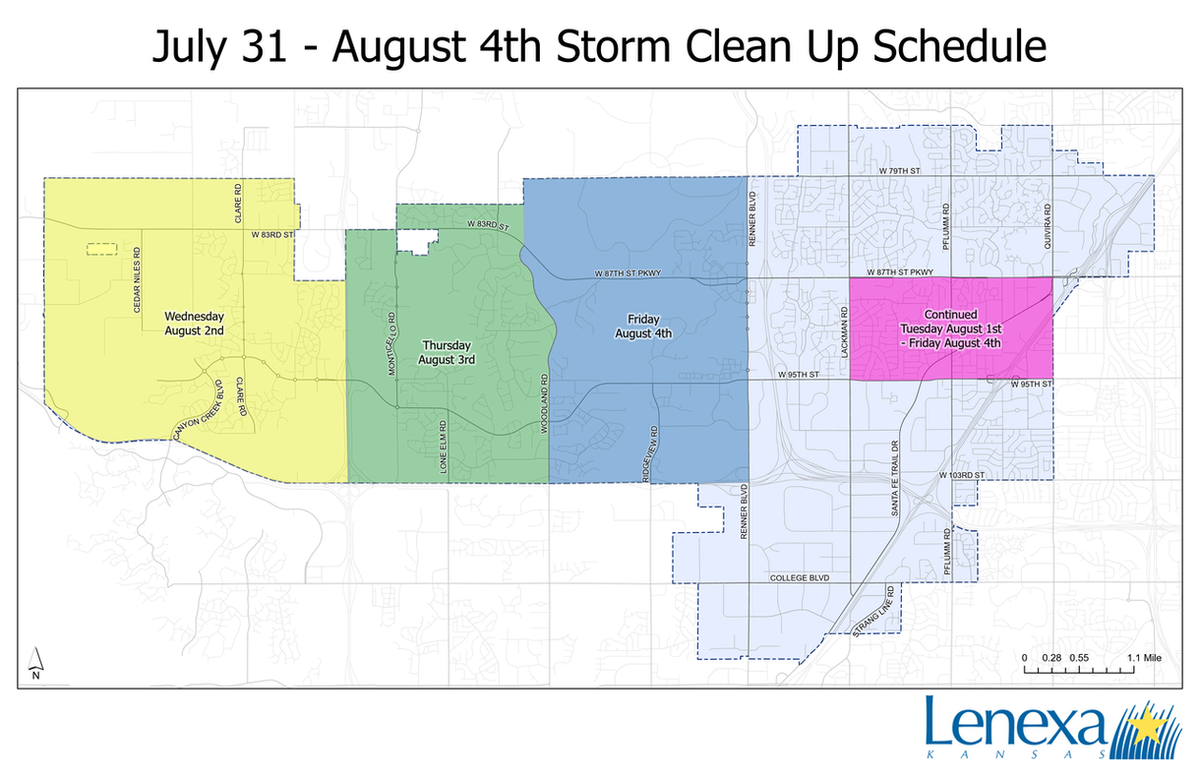 This map shows the storm debris pickup schedule in Lenexa during the week of July 31, 2023.