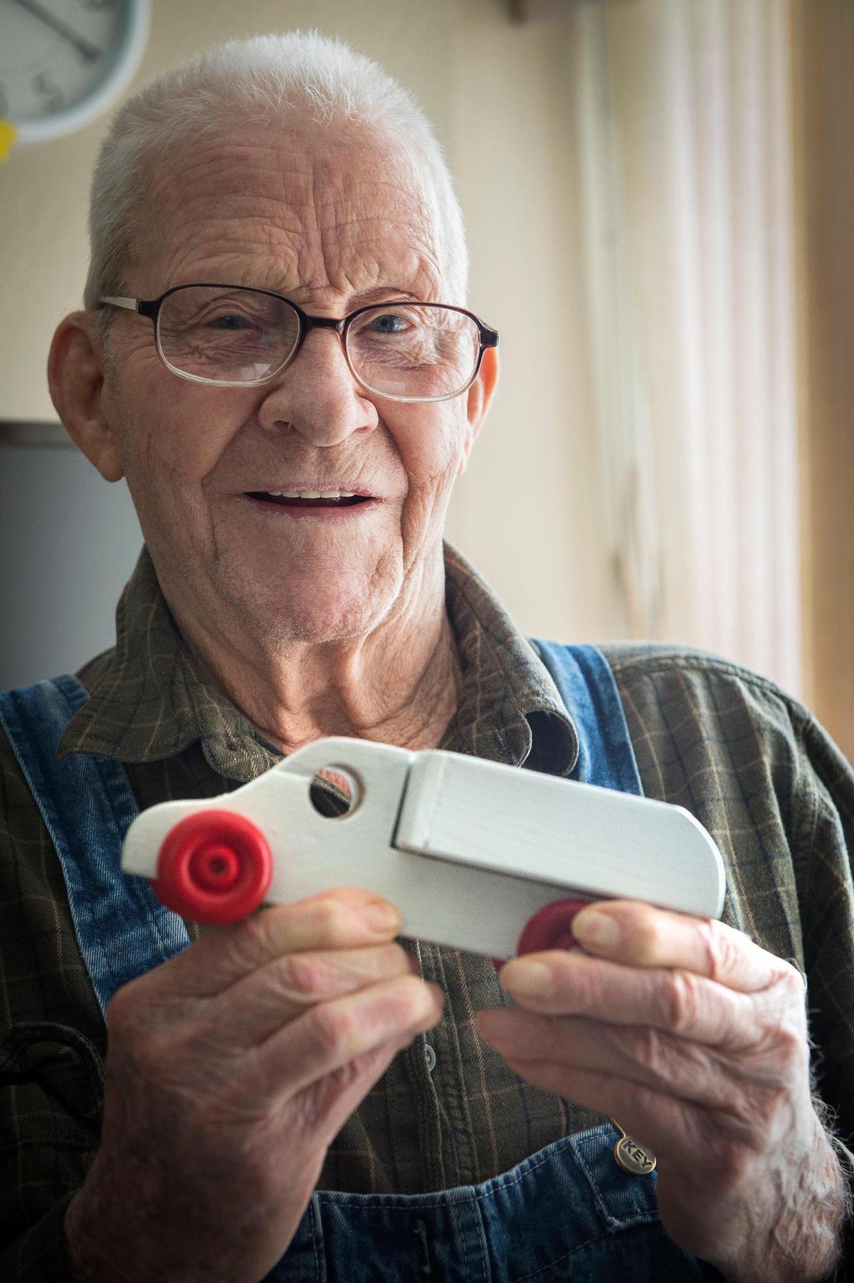 Herbert Shaffer is a lifelong woodworker and still makes wood trucks at Lakeview Village in Lenexa.