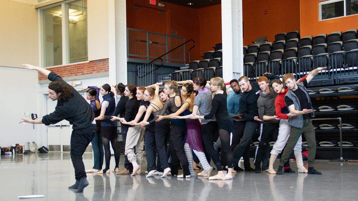 Eoghan Dillon works with Kansas City Ballet Dancers rehearsing for “A Play for Love,” a world premiere by David Parsons.