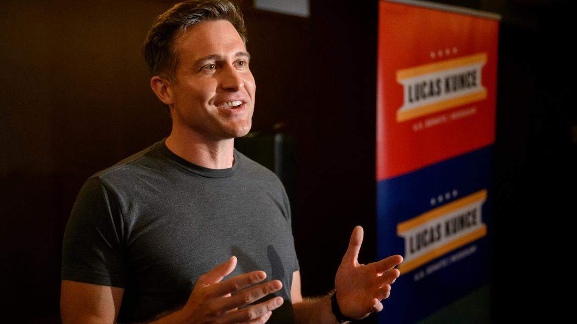Democratic Senate hopeful Lucas Kunce thanks his supporters after conceding at a primary election watch party Tuesday, Aug. 2, 2022, in Kansas City, Mo.