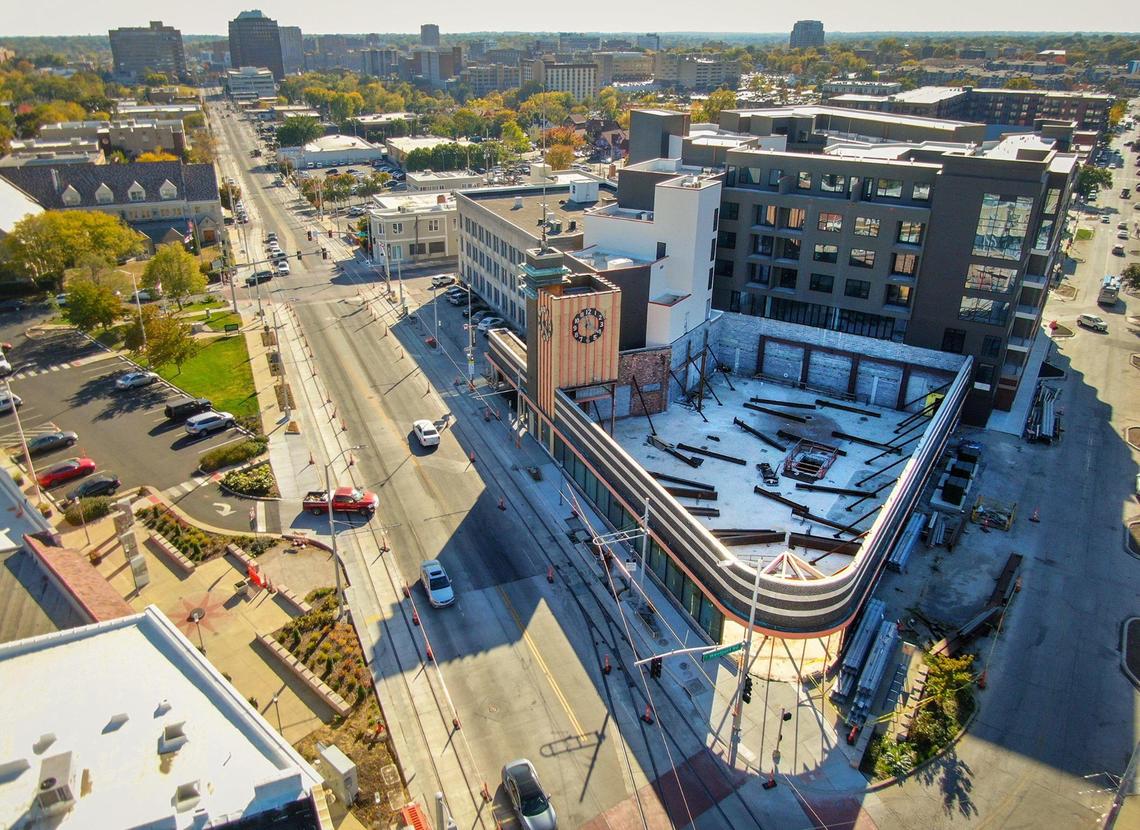 Aeriel view of the historic portion of the Katz on Main project as seen in February. Little substantial work as been done since. Lux Living, the developer, says the project will be finished in early 2026.