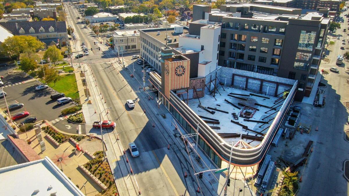 The Katz on Main luxury apartment complex is under construction near Westport. The roof of the former Katz Drug Store remains open to the weather.