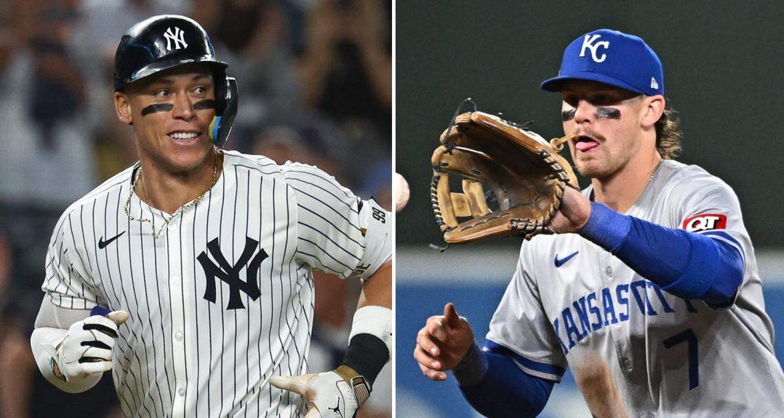 Two of the best in the game today will go at it in the ALDS featuring Aaron Judge of the New York Yankees, at left, and Kansas City Royals shortstop Bobby Witt Jr.