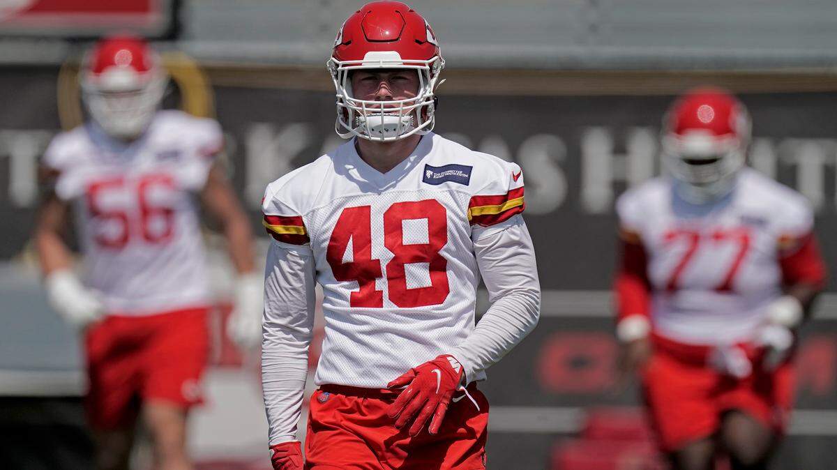 Kansas City Chiefs linebacker Mike Rose (48) warms up during rookie mini camp NFL football practice Monday, May 9, 2022, in Kansas City, Mo. (AP Photo/Charlie Riedel)