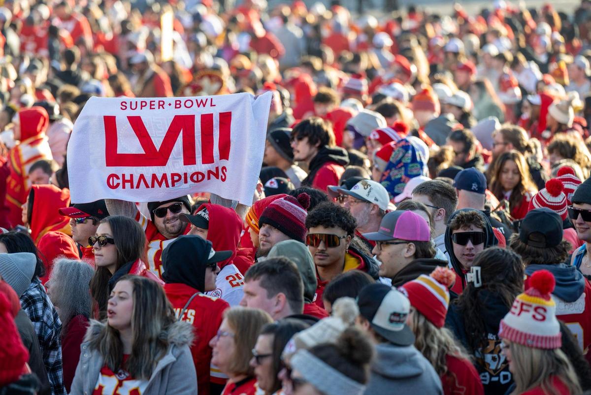 Chiefs fans gathered early in anticipation of the Super Bowl LVIII championship parade and rally on Wednesday, Feb. 14, 2024, in Kansas City.
