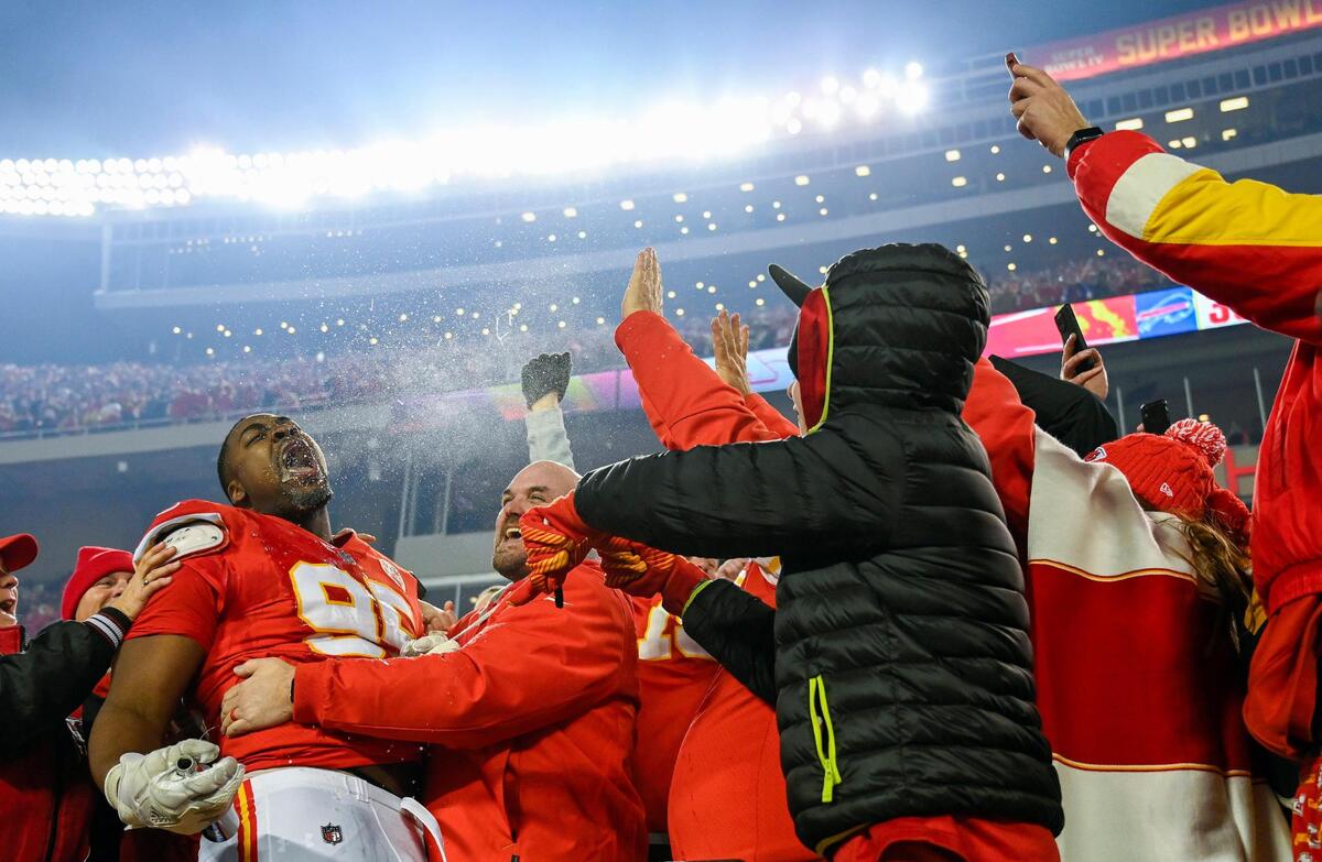 Defensive lineman Chris Jones celebrated in the stands after the Chiefs defeated the Buffalo Bills 42-36 in the divisional round of this year’s NFL playoffs.