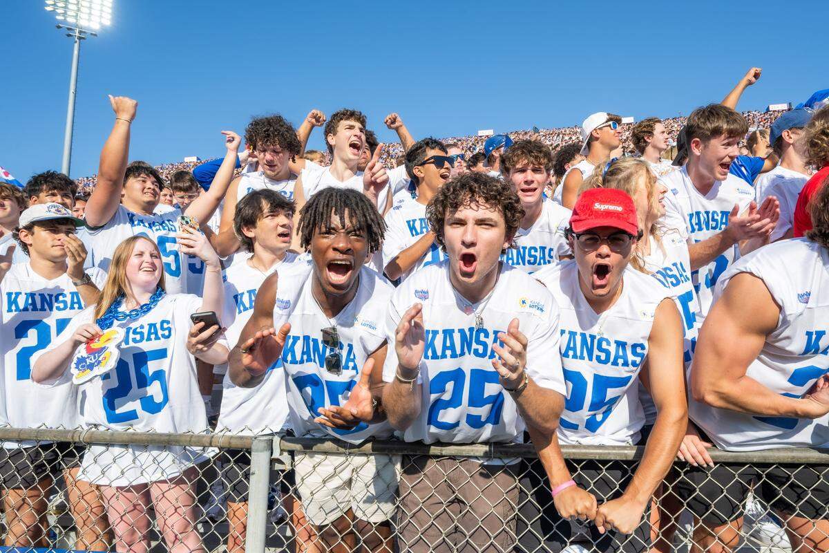 Fans in the student section inside David Booth Kansas Memorial Stadium prior to the Jayhawks game vs. the Fresno State Bulldogs on Saturday, Aug. 23, 2025, in Lawrence.