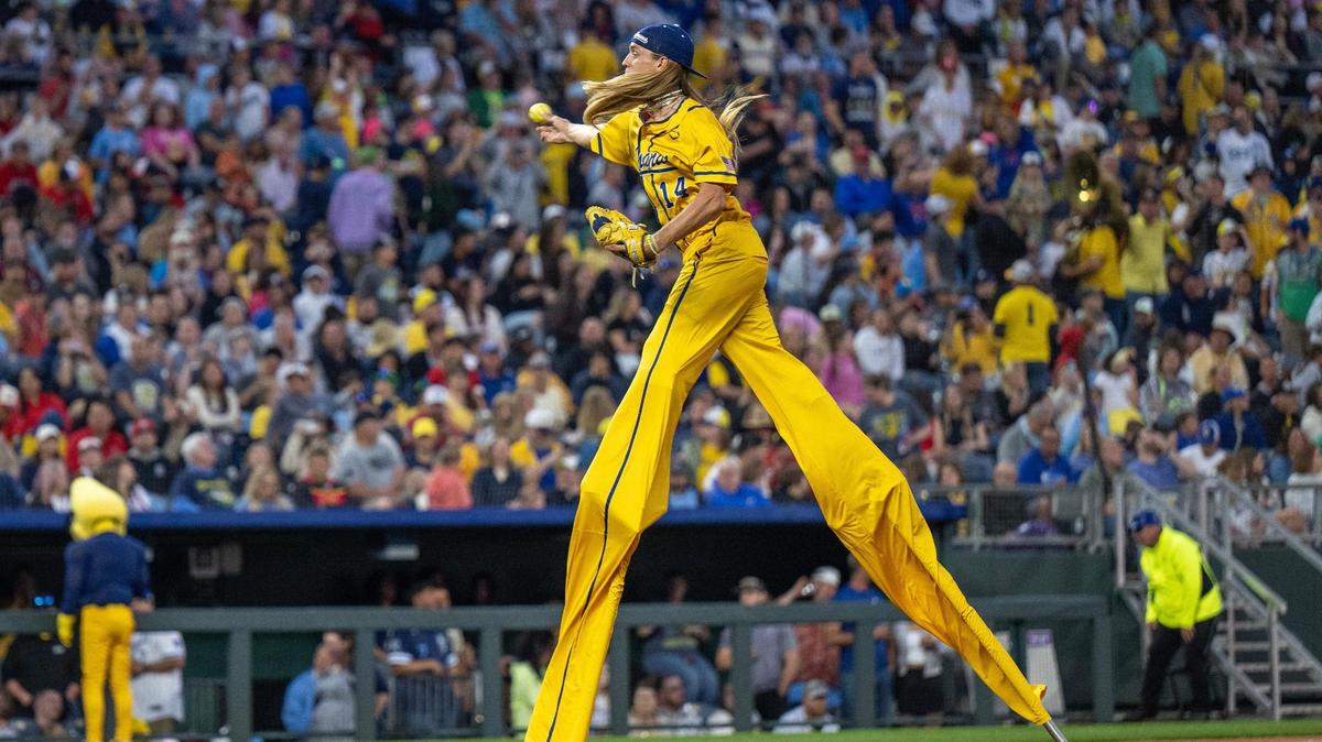 Savannah Bananas pitcher Kyle Luigs (14) throws a pitch in the seventh inning during a Banana Ball game against the Firefighters at Kauffman Stadium on Friday, May 23, 2025, in Kansas City.