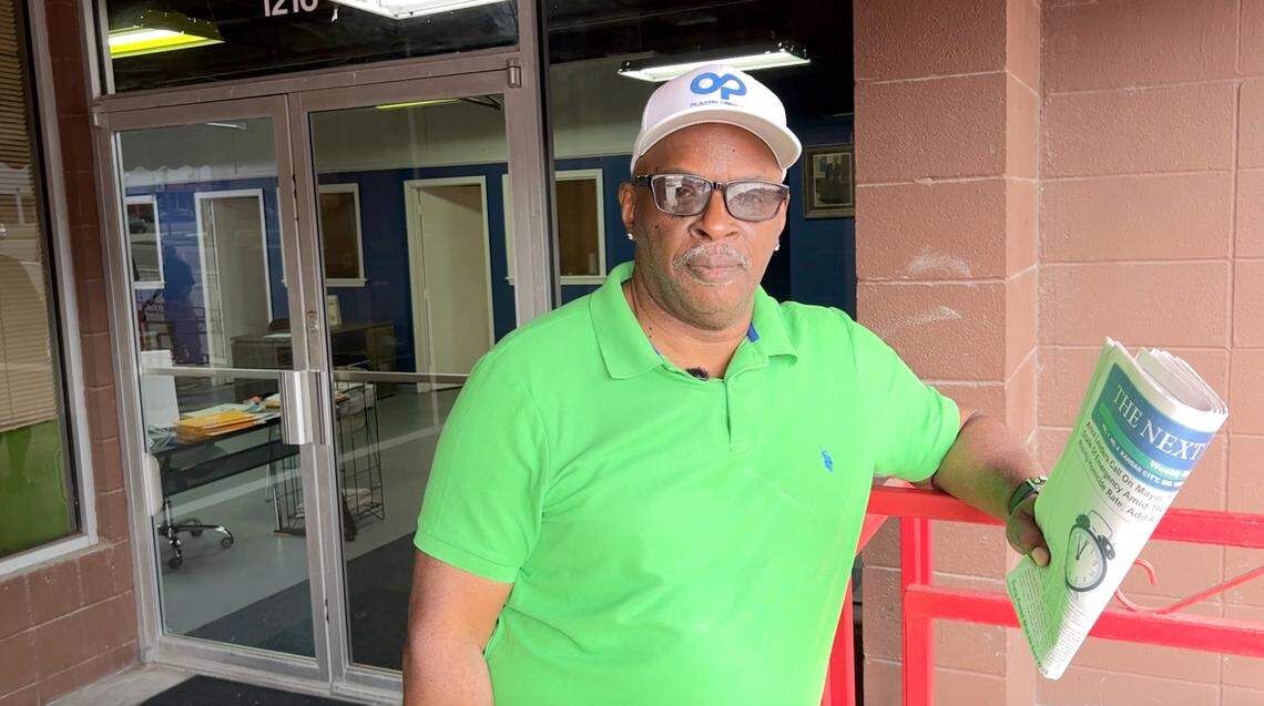 Eric Wesson, publisher of the new weekly newspaper The Next Page KC, outside his new office at Gates Plaza.