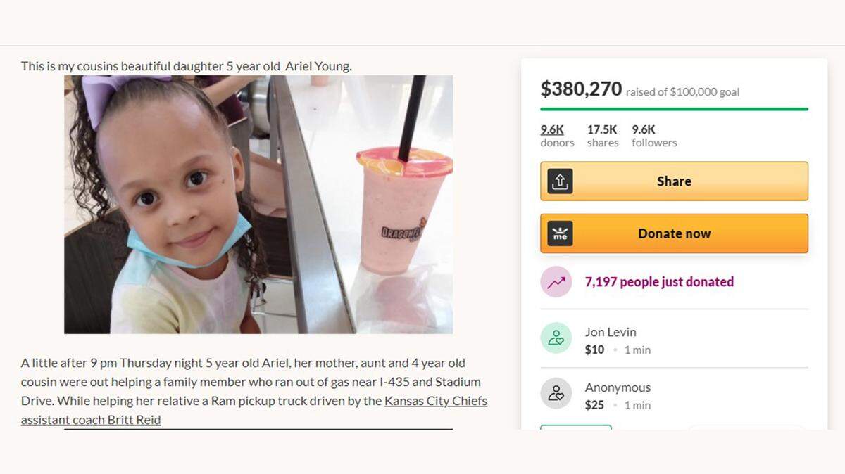 The family of 5-year-old Ariel Young set up a GoFundMe page seeking donations for her medical costs after being hit by a vehicle allegedly driven by assistant Chiefs coach Britt Reid.