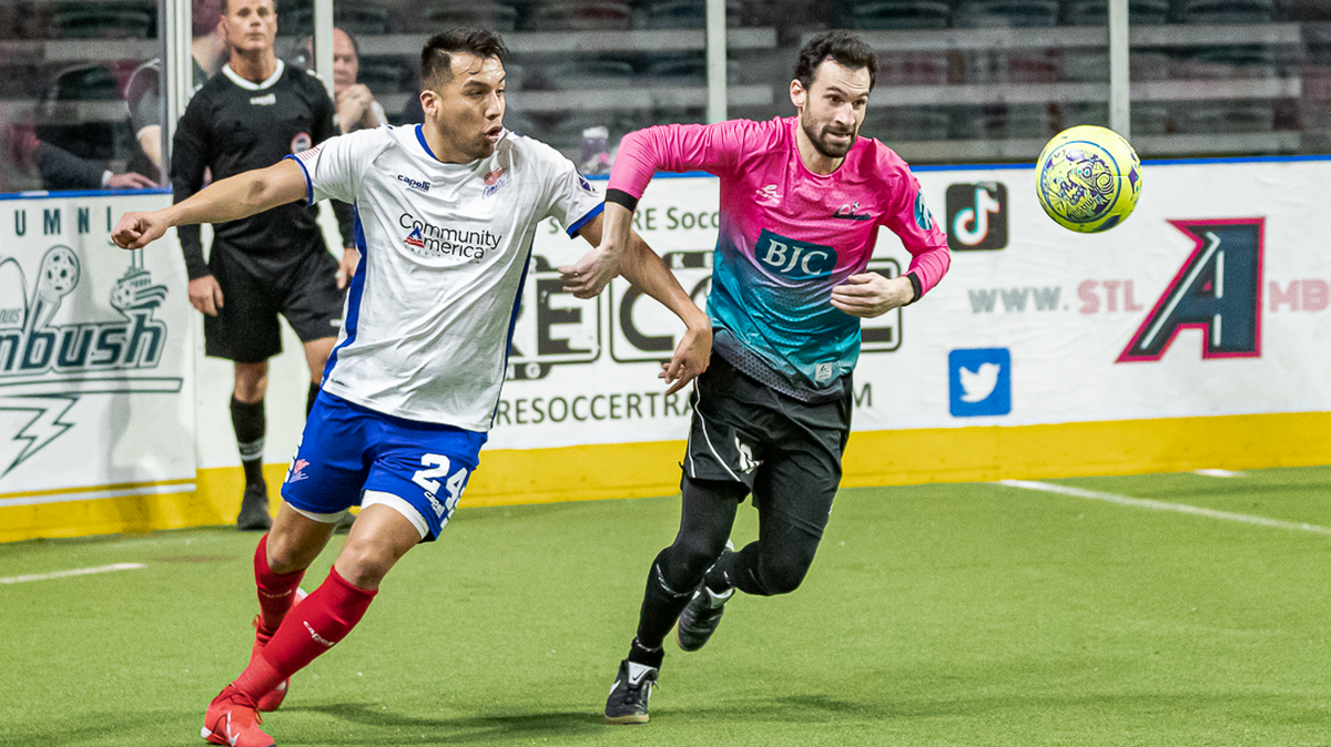 Veteran defender Mirko Sandivari, left, shown battling for a ball during a MASL match, signed a three-year contract with the Kansas City Comets last month. He played at Park University.