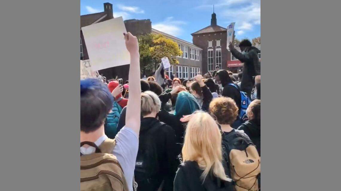 More than 200 Shawnee Mission North High School students walked out of class on Monday, as seen in a screenshot of a video taken by a student. Protesters claim school officials have not done enough to respond to reports of sexual assault,