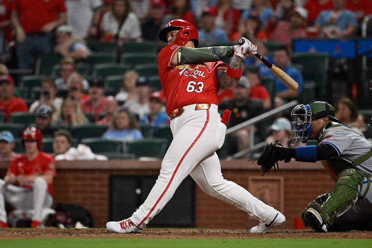 Cardinals pinch-hitter Yohel Pozo hits a walk-off single to beat the Kansas City Royals in the 11th inning of a series-opening game at Busch Stadium in St. Louis on Friday, May 15, 2026.